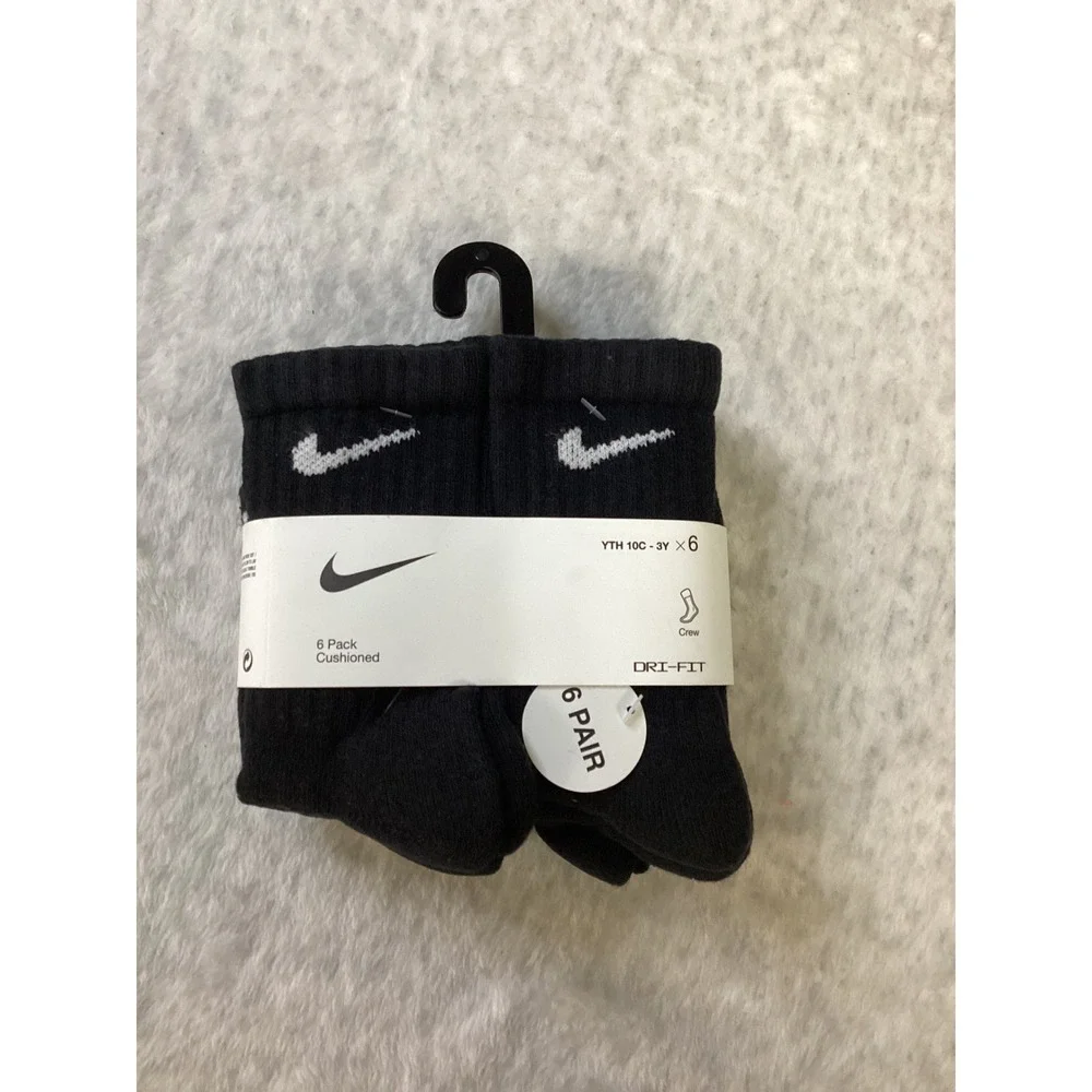 Nike‎ Kids Everyday Cushioned Crew Socks 6 Pack Black Dri-FIT UN0019-023 10c-3y